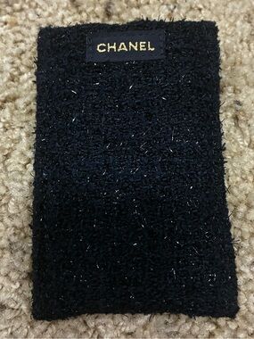 CHANEL Navy Tweed pouch with Gold Logo